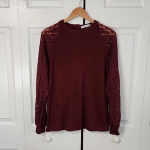 Miholl Womens Maroon Thermal Lace Sleeve Top Size Med Zip Boho Cottage Granola